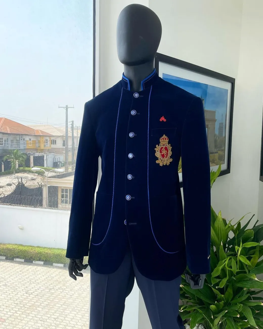 A Navy blue Soaked Italian velvet, long sleeve with woven tread taping safari suit