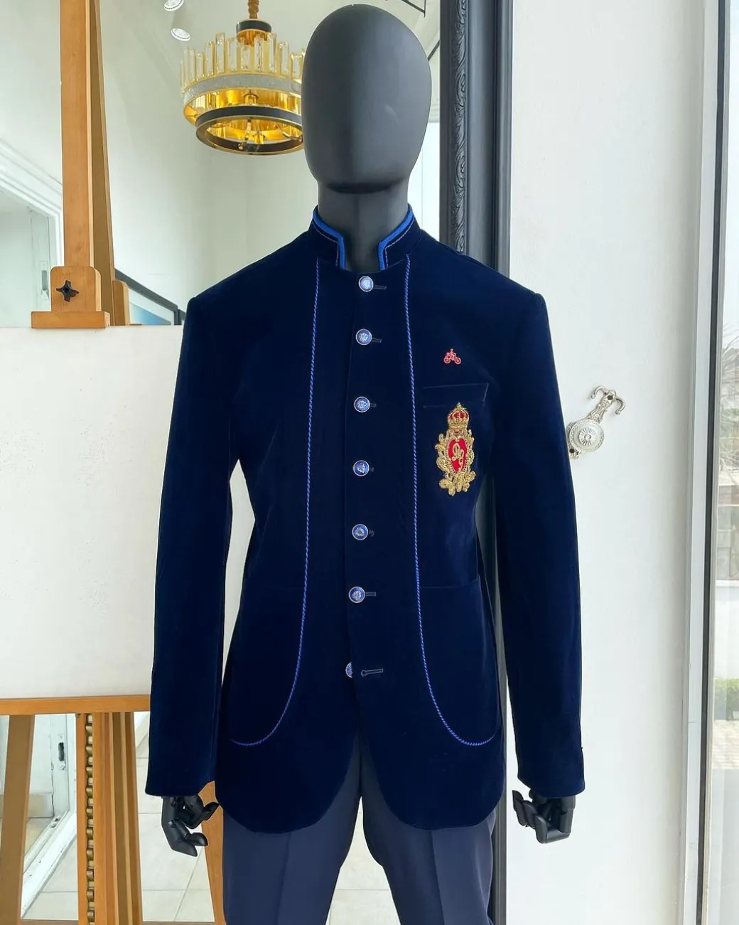 A Navy blue Soaked Italian velvet, long sleeve with woven tread taping safari suit