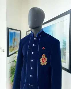 A Navy blue Soaked Italian velvet, long sleeve with woven tread taping safari suit