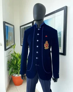 A Navy blue Soaked Italian velvet, long sleeve with woven tread taping safari suit