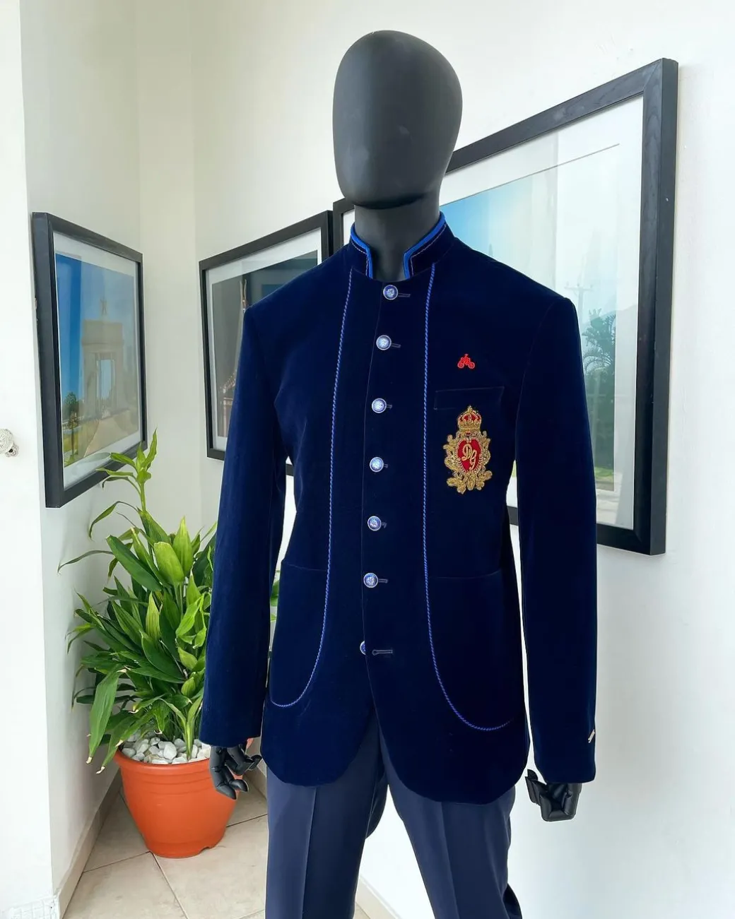 A Navy blue Soaked Italian velvet, long sleeve with woven tread taping safari suit