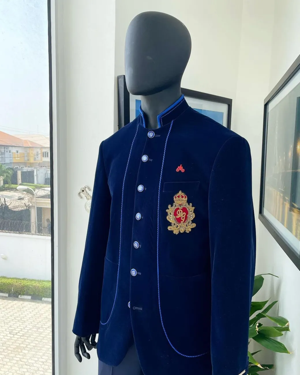 A Navy blue Soaked Italian velvet, long sleeve with woven tread taping safari suit