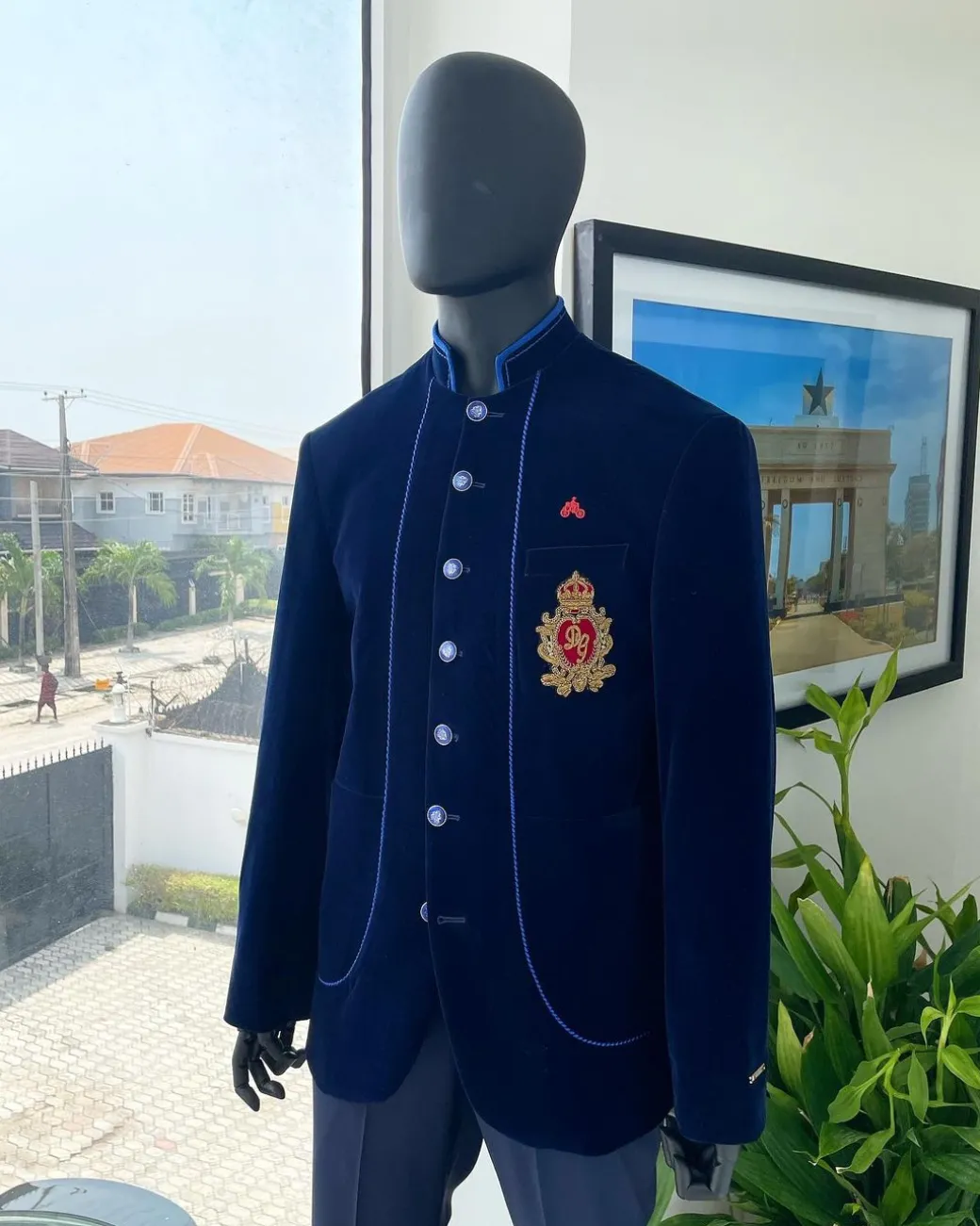 A Navy blue Soaked Italian velvet, long sleeve with woven tread taping safari suit