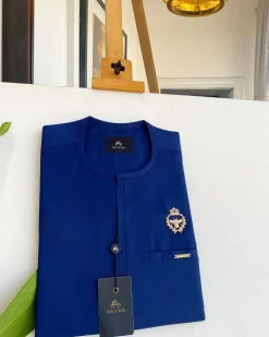A Navy blue, Tiny Flap, Gold bee crown details African traditional senator kaftan native.