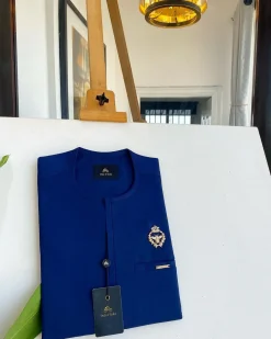 A Navy blue, Tiny Flap, Gold bee crown details African traditional senator kaftan native.