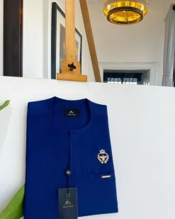 A Navy blue, Tiny Flap, Gold bee crown details African traditional senator kaftan native.