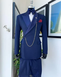 A Navy Blue Tiny Squared Metallic Jacquard Bespoke Reloaded “Arthur Richards” Tuxedo 3 Lapel Suit.