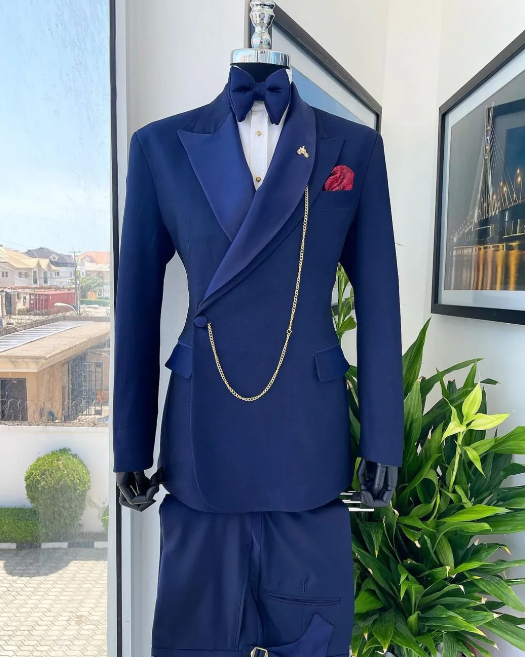 A Navy Blue Tiny Squared Metallic Jacquard Bespoke Reloaded “Arthur Richards” Tuxedo 3 Lapel Suit.