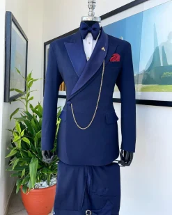 A Navy Blue Tiny Squared Metallic Jacquard Bespoke Reloaded “Arthur Richards” Tuxedo 3 Lapel Suit.