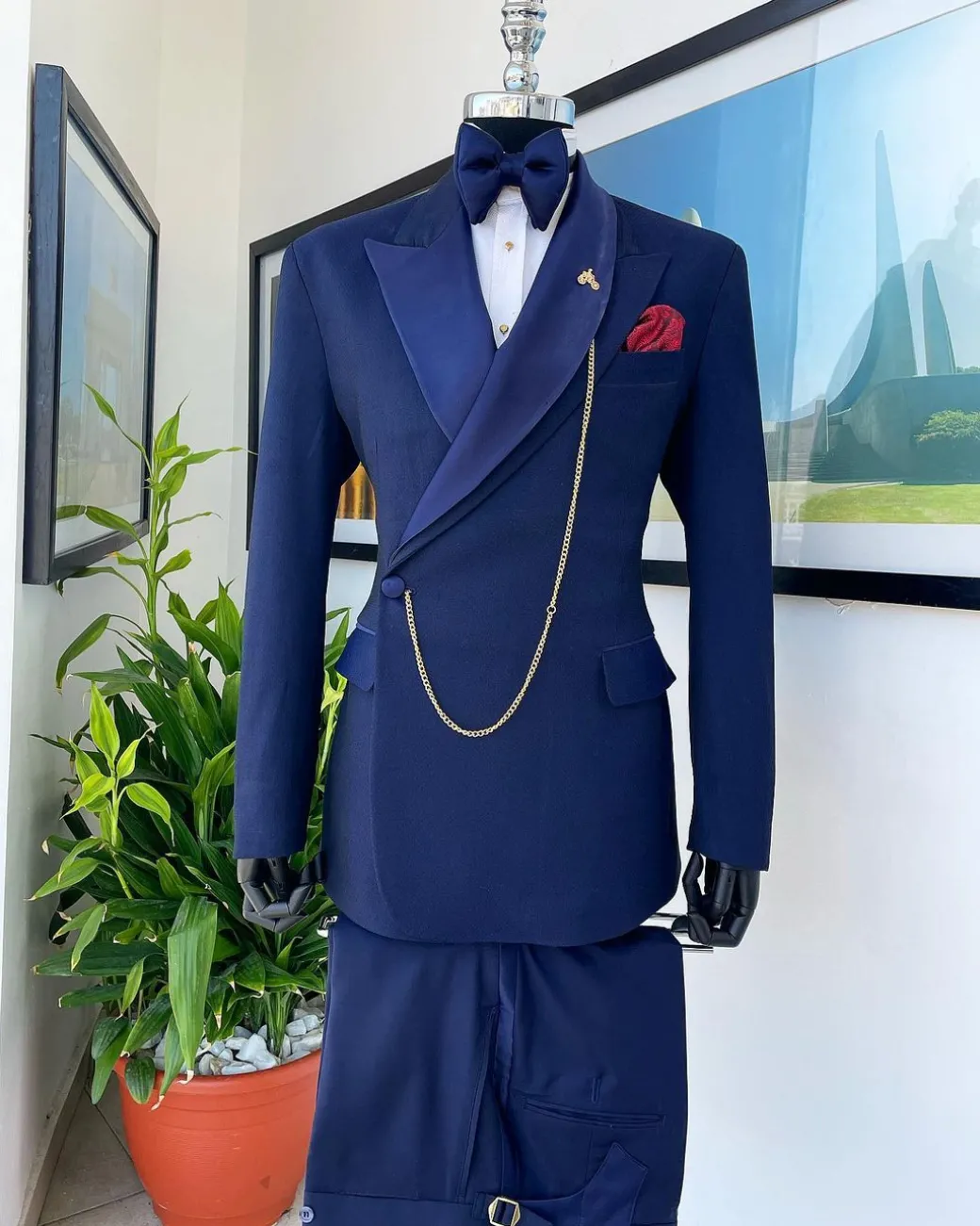 A Navy Blue Tiny Squared Metallic Jacquard Bespoke Reloaded “Arthur Richards” Tuxedo 3 Lapel Suit.