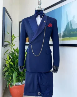 A Navy Blue Tiny Squared Metallic Jacquard Bespoke Reloaded “Arthur Richards” Tuxedo 3 Lapel Suit.