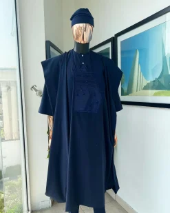 A Navy blue, triple v, squared 7 monochrome embroidery details Agbada