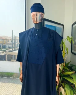 A Navy blue, triple v, squared 7 monochrome embroidery details Agbada