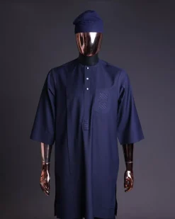 A Navy Blue, v and square shaped pocket with net embroidery details, 3/4 sleeve African senator Kaftan native.