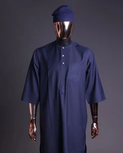 A Navy Blue, v and square shaped pocket with net embroidery details, 3/4 sleeve African senator Kaftan native.