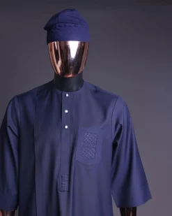A Navy Blue, v and square shaped pocket with net embroidery details, 3/4 sleeve African senator Kaftan native.