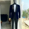 A Navy Blue Velvet Dinner Shawl Lapel Tuxedo Suit
