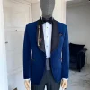A Navy Blue Velvet Dinner Shawl Lapel Tuxedo Suit.