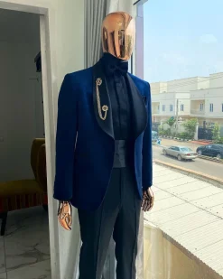A Navy Blue velvet dinner shawl lapel tuxedo suit