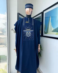 A Navy Blue, vexing demagogue metallic wire embroidery details agbada