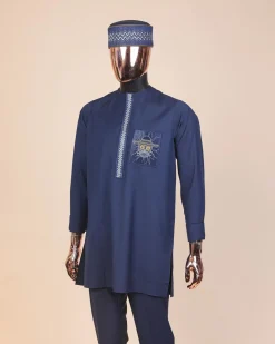 A Navy blue, vexing demagogue pocket and flap embrodery, long sleeve African senator kaftan native.