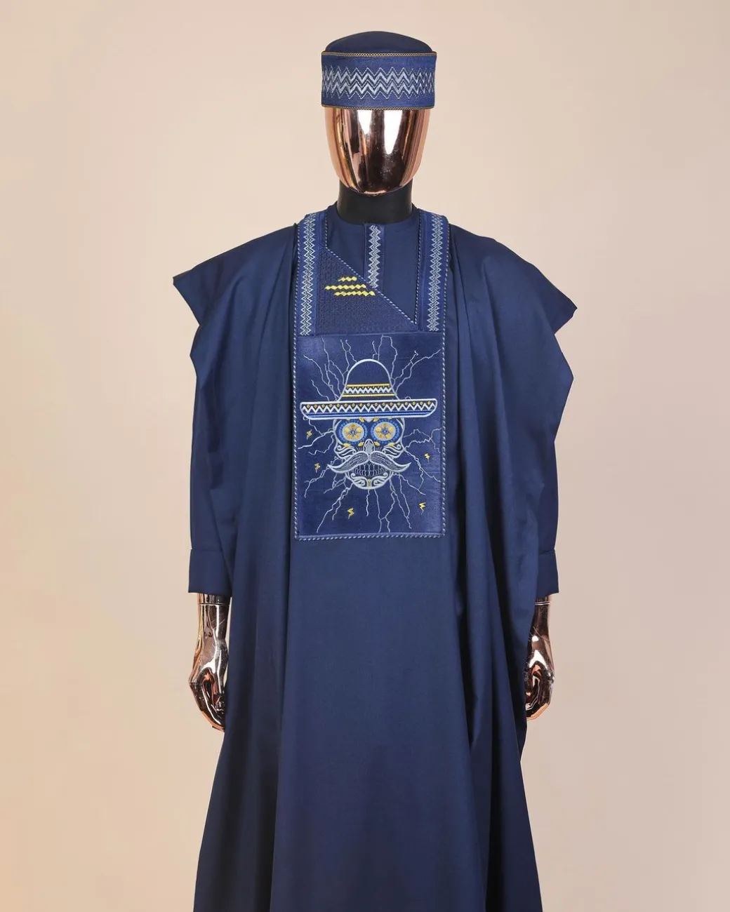 A Navy Blue, vexing demagogue metallic wire embroidery details agbada