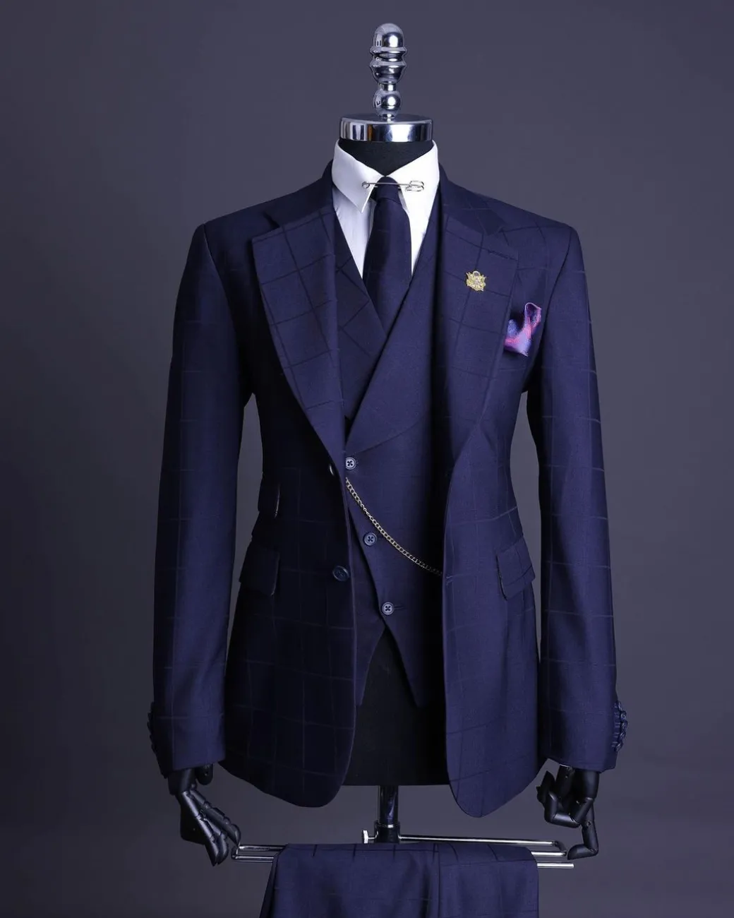 A Navy blue, windowpane check, monochrome nobility super “140s” “Board Room” Notch lapel suit