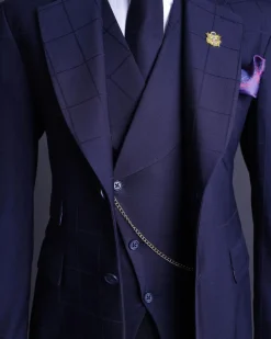 A Navy blue, windowpane check, monochrome nobility super “140s” “Board Room” Notch lapel suit