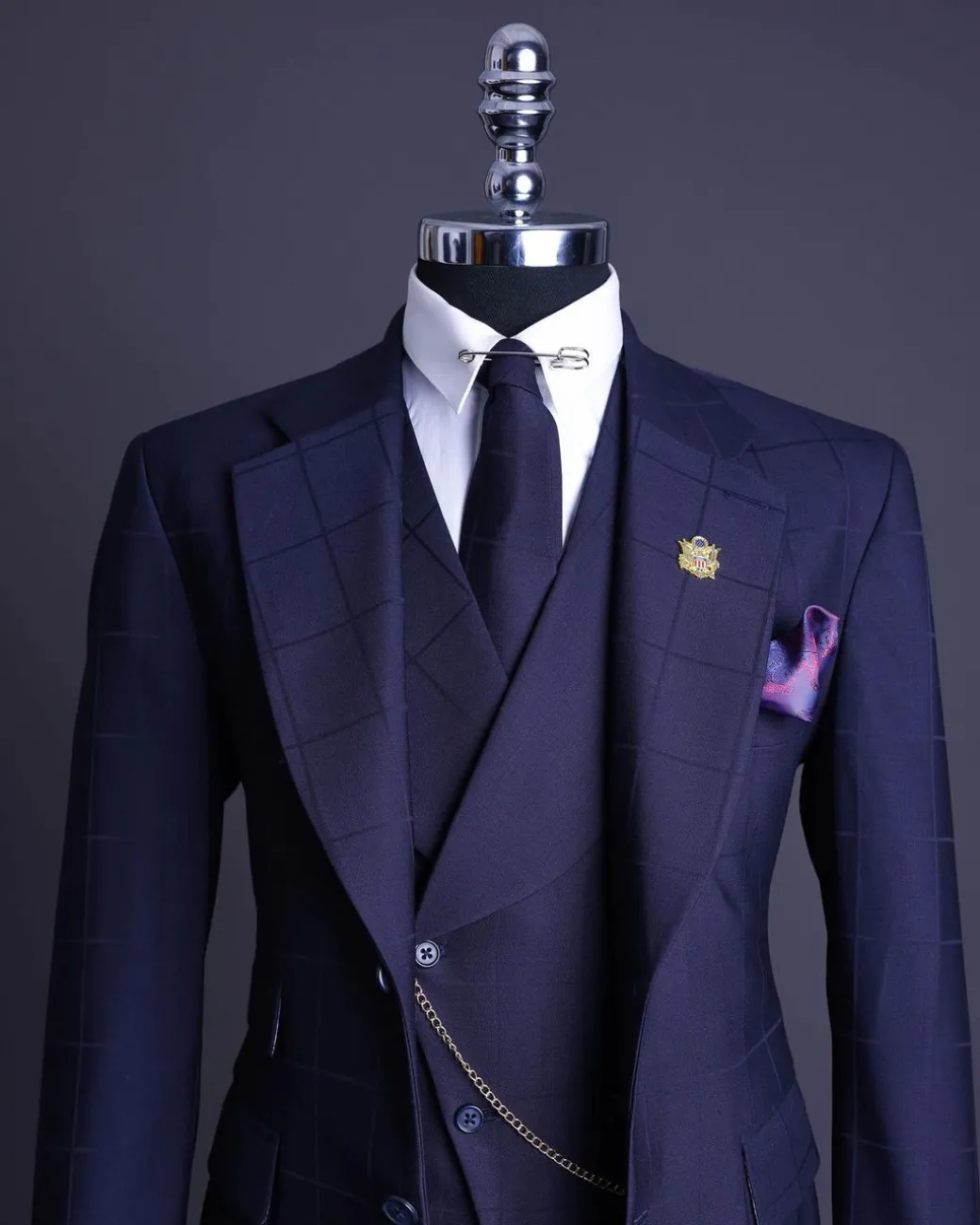 A Navy blue, windowpane check, monochrome nobility super “140s” “Board Room” Notch lapel suit
