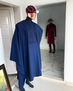 A Navy Blue With Connected Embroidery Agbada