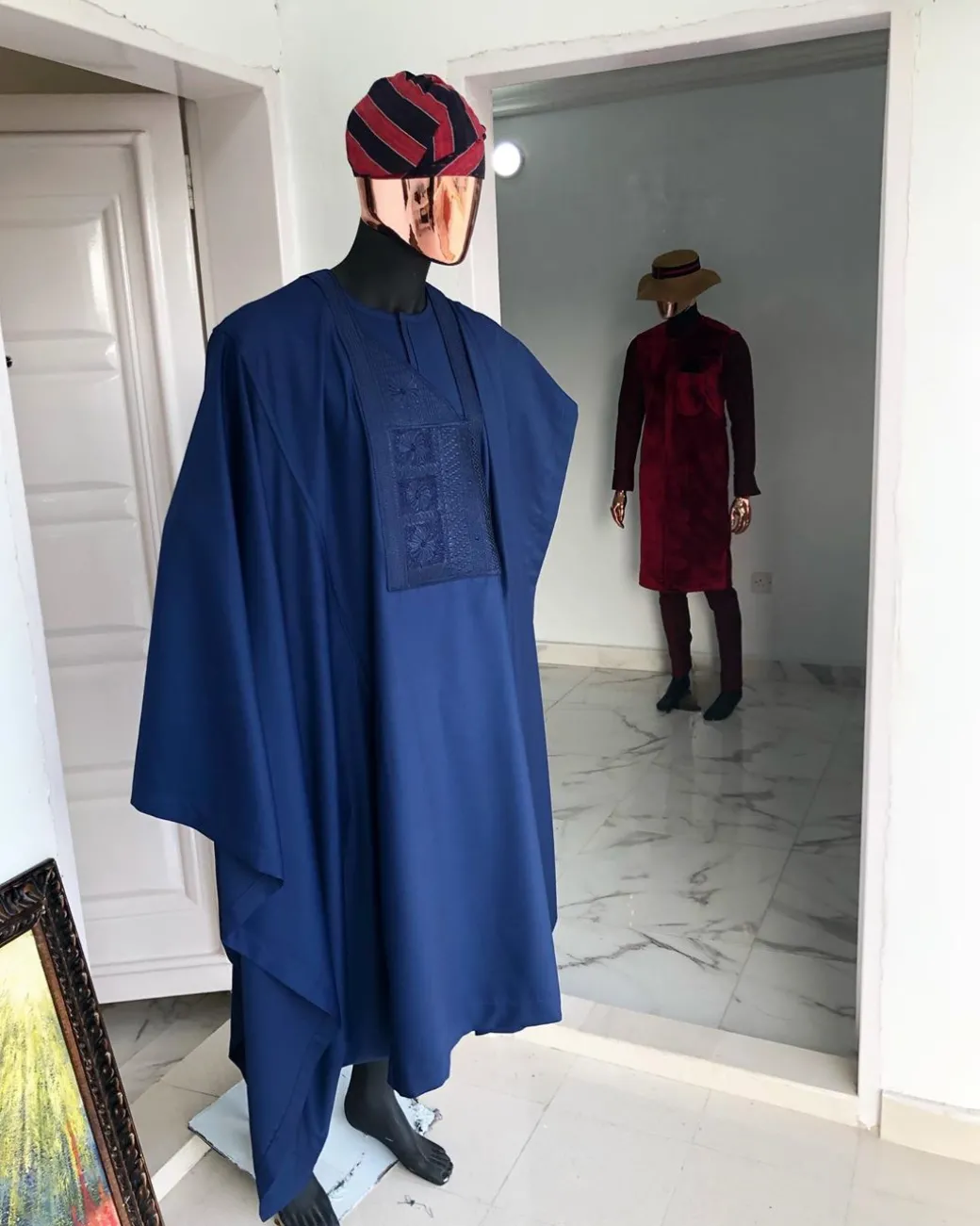 A Navy Blue With Connected Embroidery Agbada
