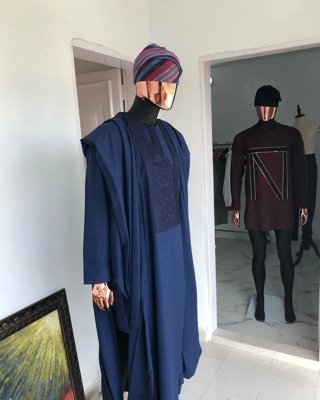 A Navy Blue with connected embroidery Agbada
