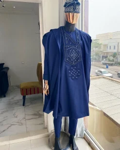 A Navy Blue With Connected Embroidery Agbada