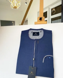 A Navy blue with Skye blue contrast detailing design African Kaftan and Sokoto