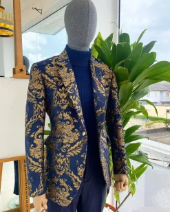 A Notch Lapel Gold And Blue “Mandarin” Jacquard Floral Blazer Suit