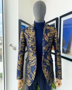 A Notch Lapel Gold And Blue “Mandarin” Jacquard Floral Blazer Suit