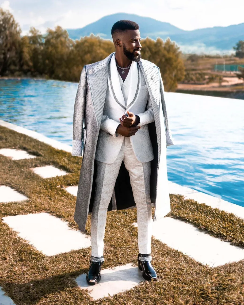 A Notch lapel, metallic silver smoking trench jacket