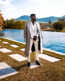 A Notch lapel, metallic silver smoking trench jacket