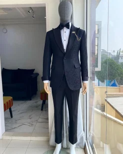 A Peak Lapel Jacquard Black Floral Tuxedo Suit