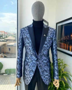 A Peak Lapel, Midnight blue and splash of silver floral metallic “Mandarin” blazer jacquard evening suit