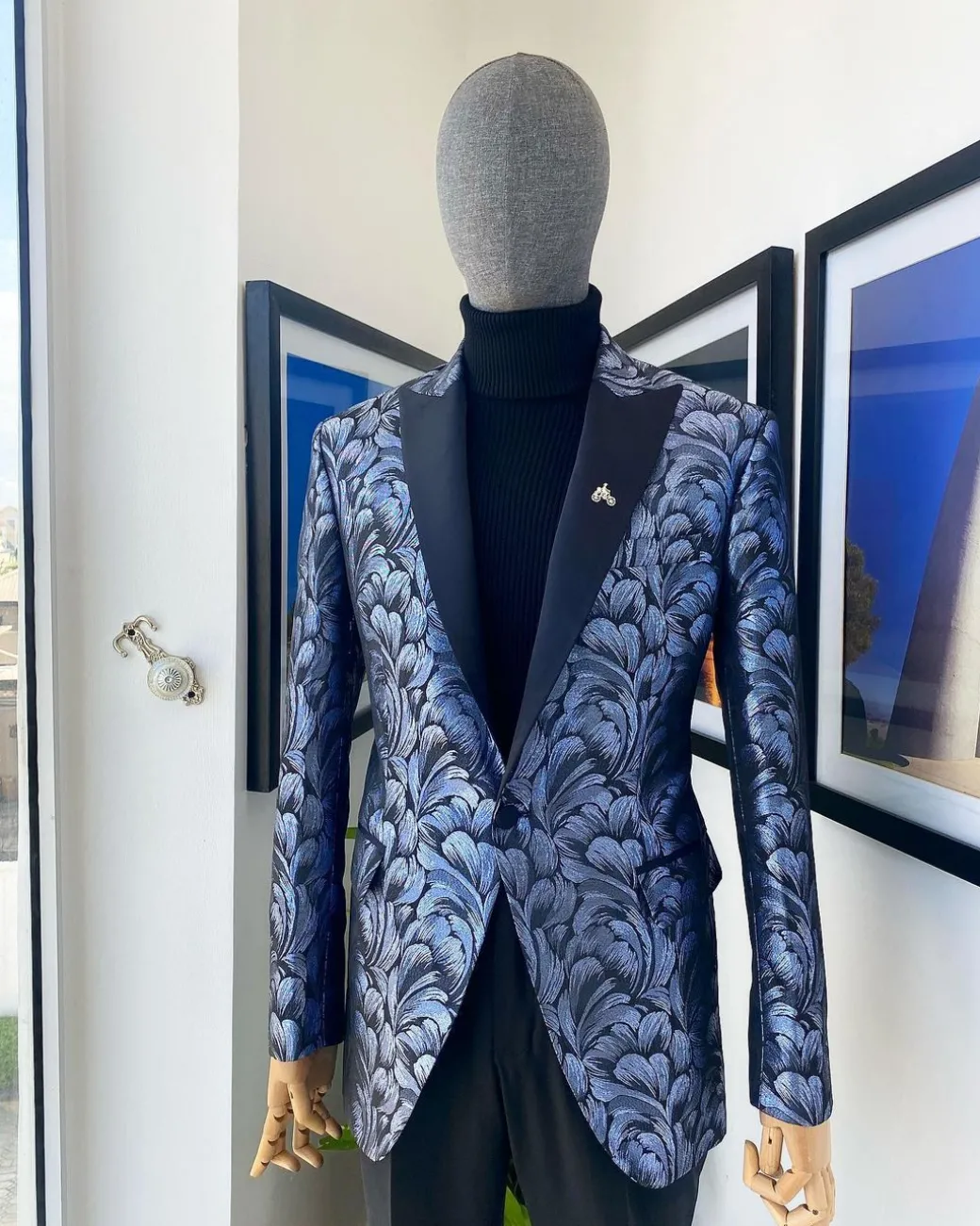 A Peak Lapel, Midnight blue and splash of silver floral metallic “Mandarin” blazer jacquard evening suit