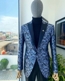A Peak Lapel, Midnight blue and splash of silver floral metallic “Mandarin” blazer jacquard evening suit