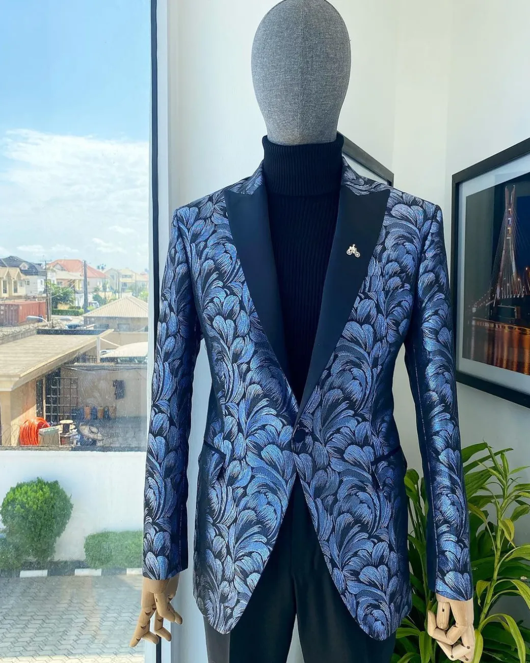 A Peak Lapel, Midnight blue and splash of silver floral metallic “Mandarin” blazer jacquard evening suit