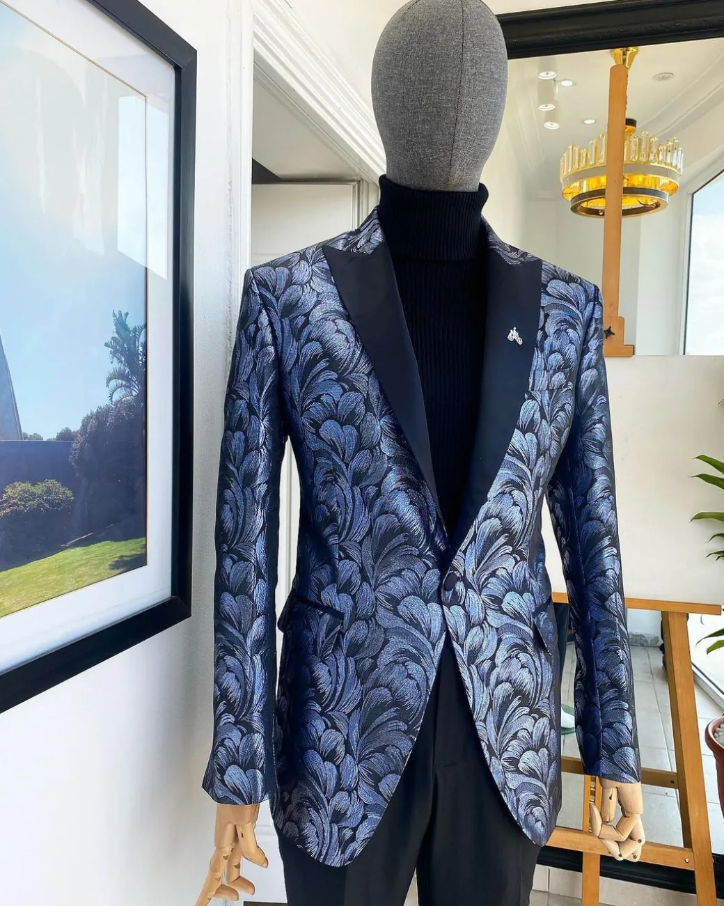 A Peak Lapel, Midnight blue and splash of silver floral metallic “Mandarin” blazer jacquard evening suit