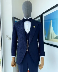 A peak lapel, ruffled floral pattern jacquard tuxedo suit