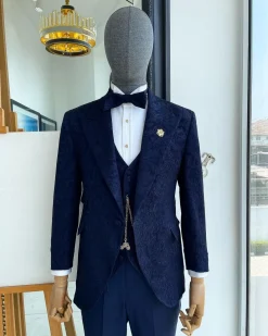A peak lapel, ruffled floral pattern jacquard tuxedo suit
