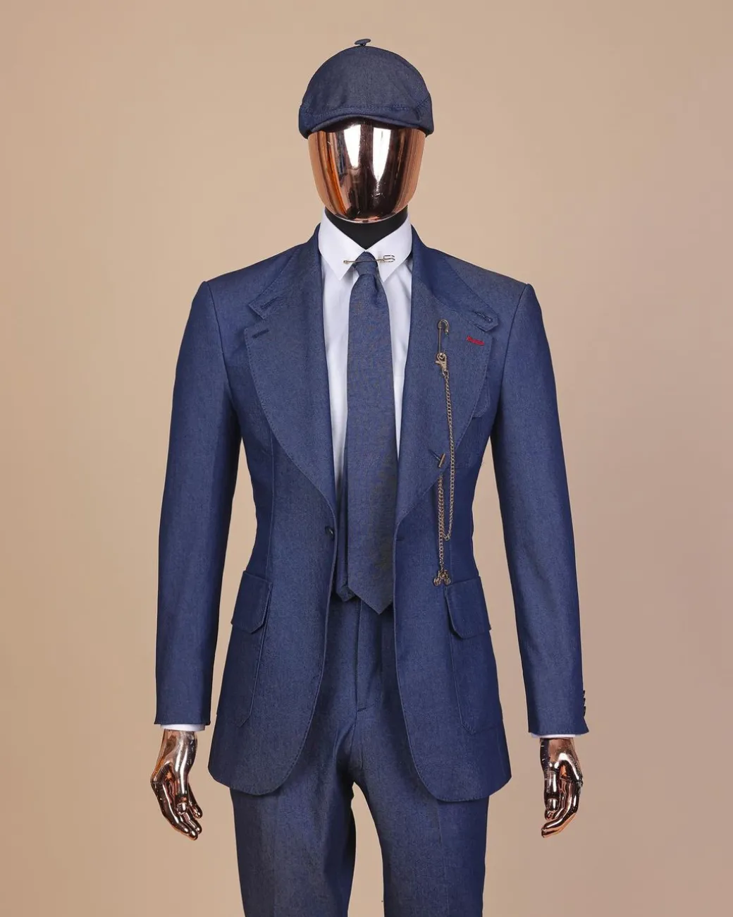 A “peaky blinders” denim knitted notch lapel suit
