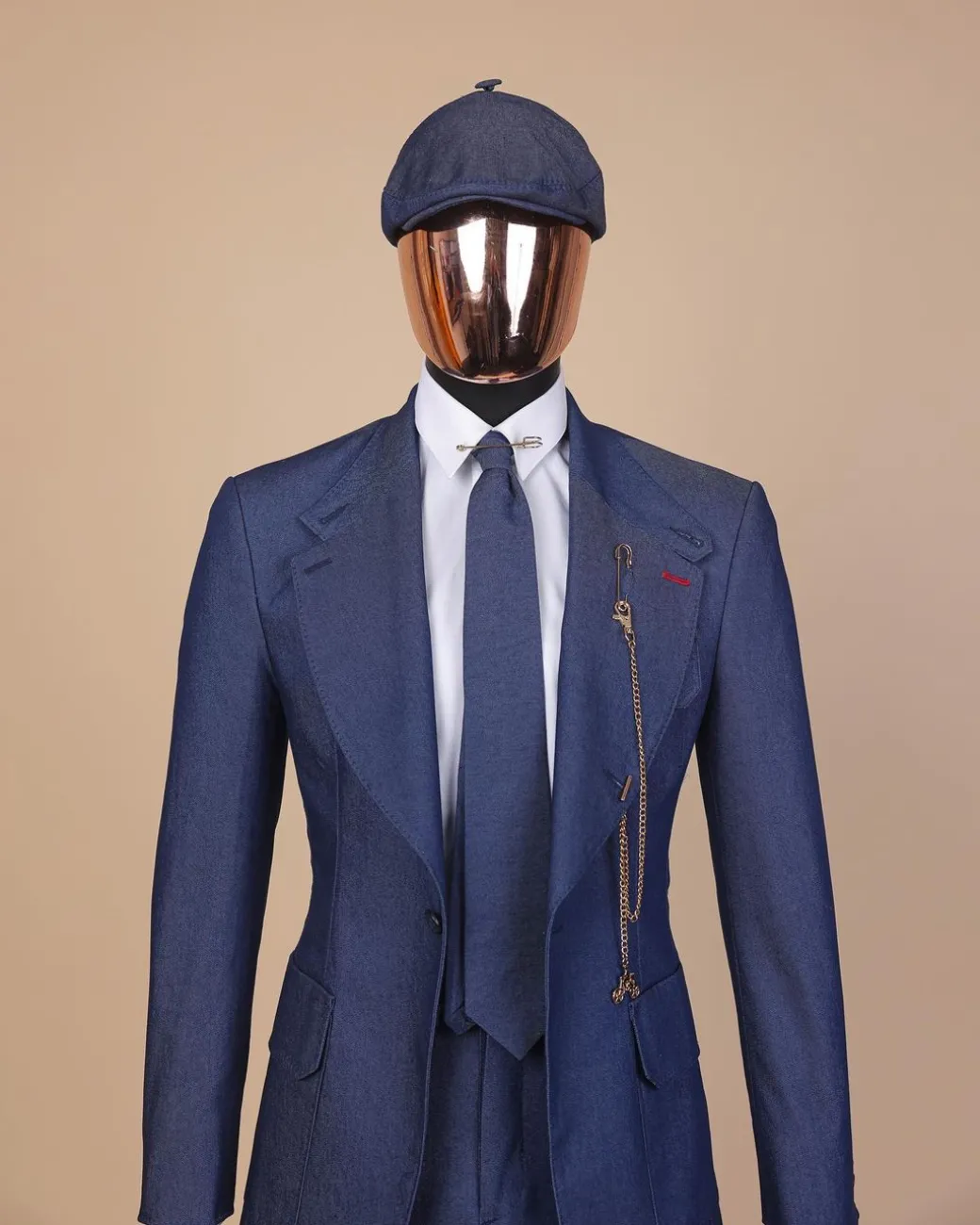 A “peaky blinders” denim knitted notch lapel suit