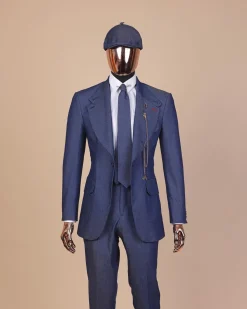 A “peaky blinders” denim knitted notch lapel suit
