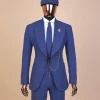 A “peaky blinders” navy blue seersucker fabric knitted peak lapel suit
